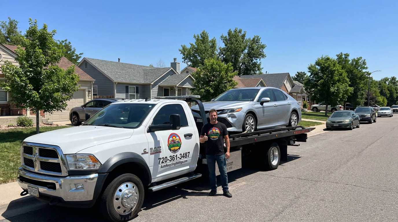 2018 Toyota Camry loaded on an Auto Recycling Mile High tow truck at a cash-for-cars pickup in the Denver metro