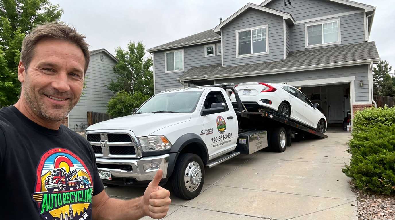 2017 Honda Civic loaded on an Auto Recycling Mile High tow truck at a cash-for-cars pickup in the Denver metro