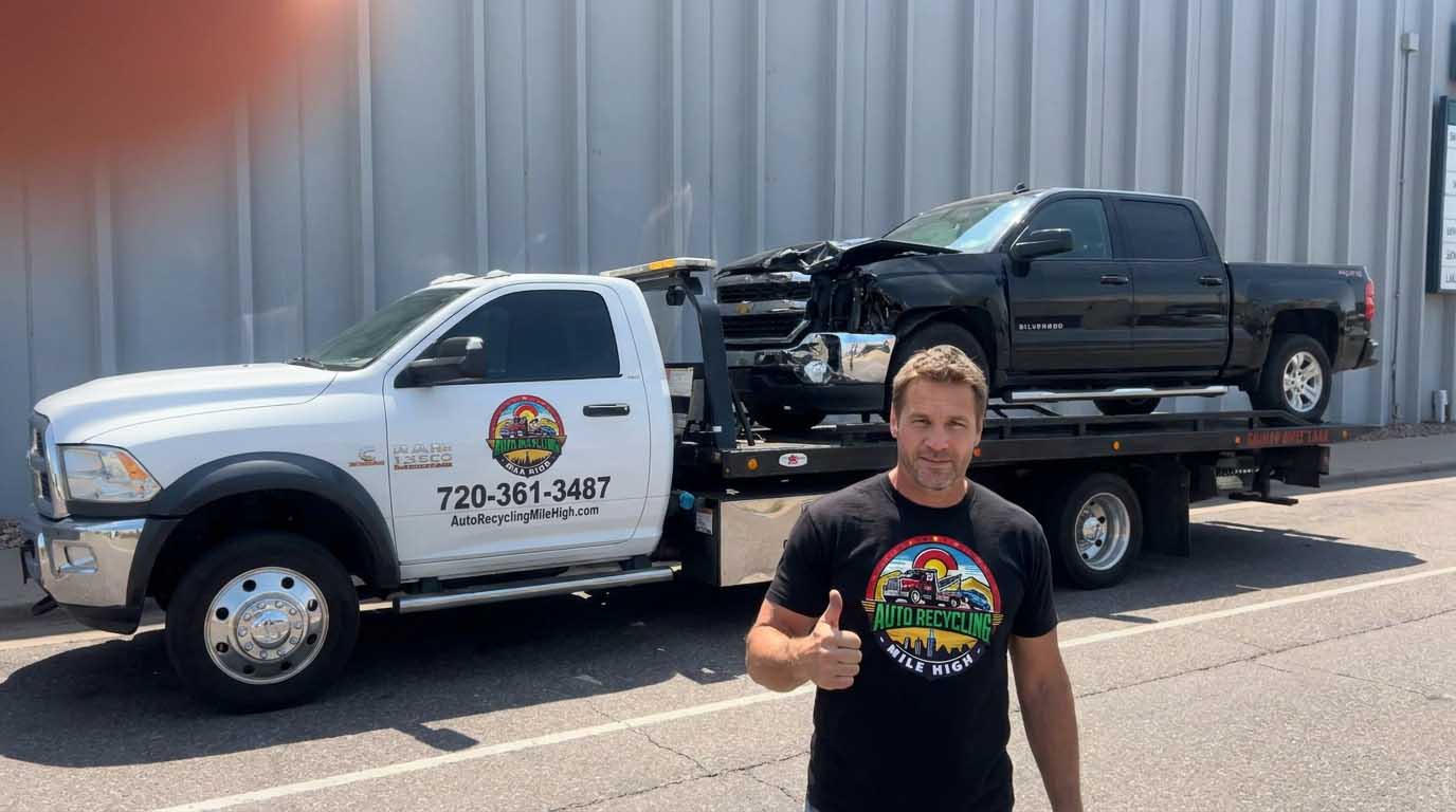 2016 Chevrolet Silverado loaded on an Auto Recycling Mile High tow truck at a cash-for-cars pickup in the Denver metro