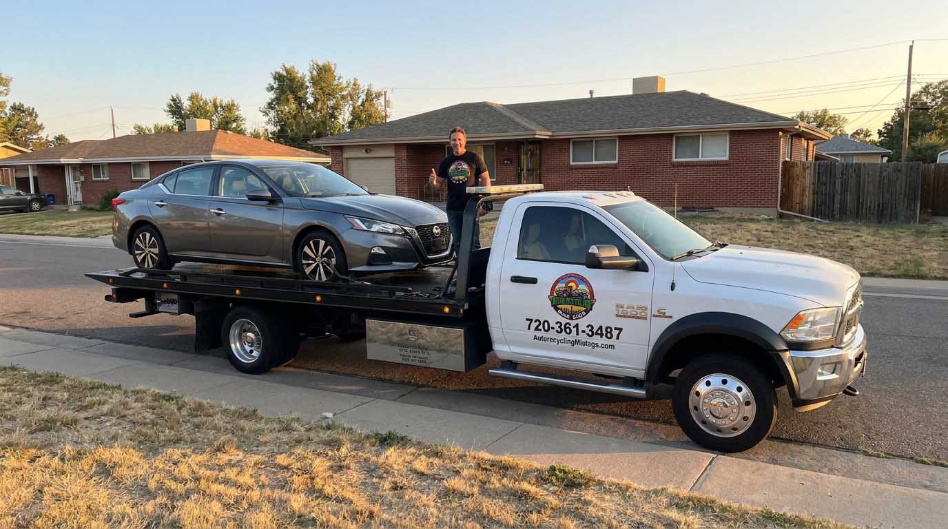 2020 Nissan Altima loaded on an Auto Recycling Mile High tow truck at a cash-for-cars pickup in the Denver metro