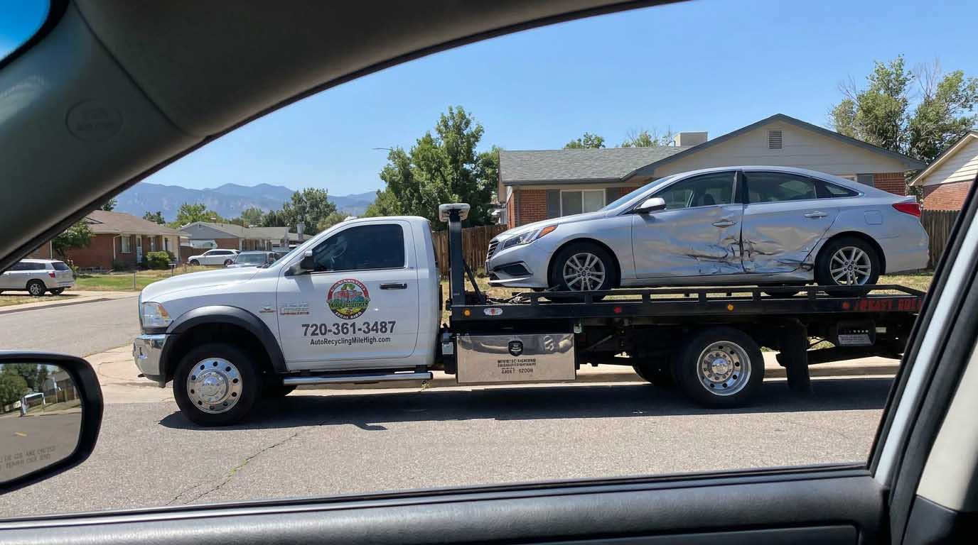 Silver 2016 Hyundai Sonata loaded on an Auto Recycling Mile High tow truck at a cash-for-cars pickup in the Denver metro