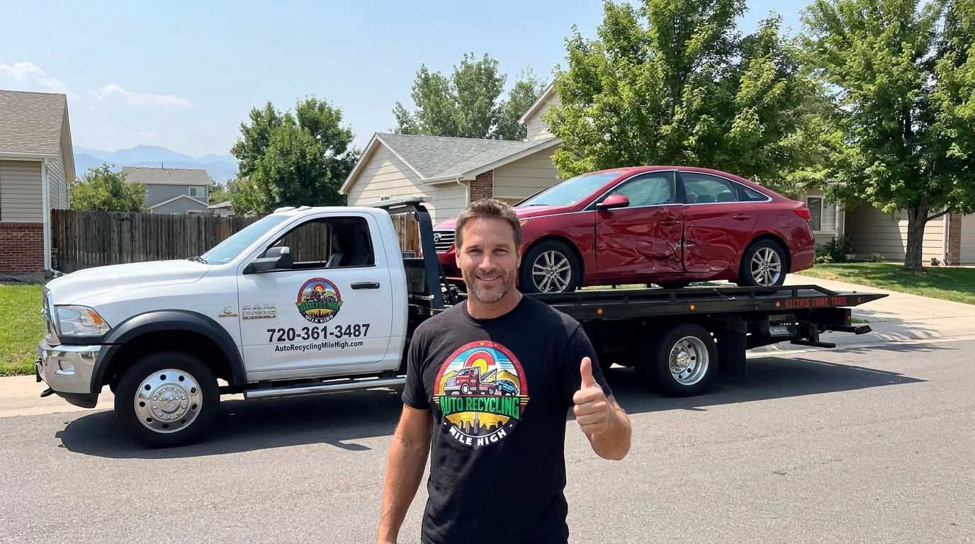 2016 Hyundai Sonata loaded on an Auto Recycling Mile High tow truck at a cash-for-cars pickup in the Denver metro