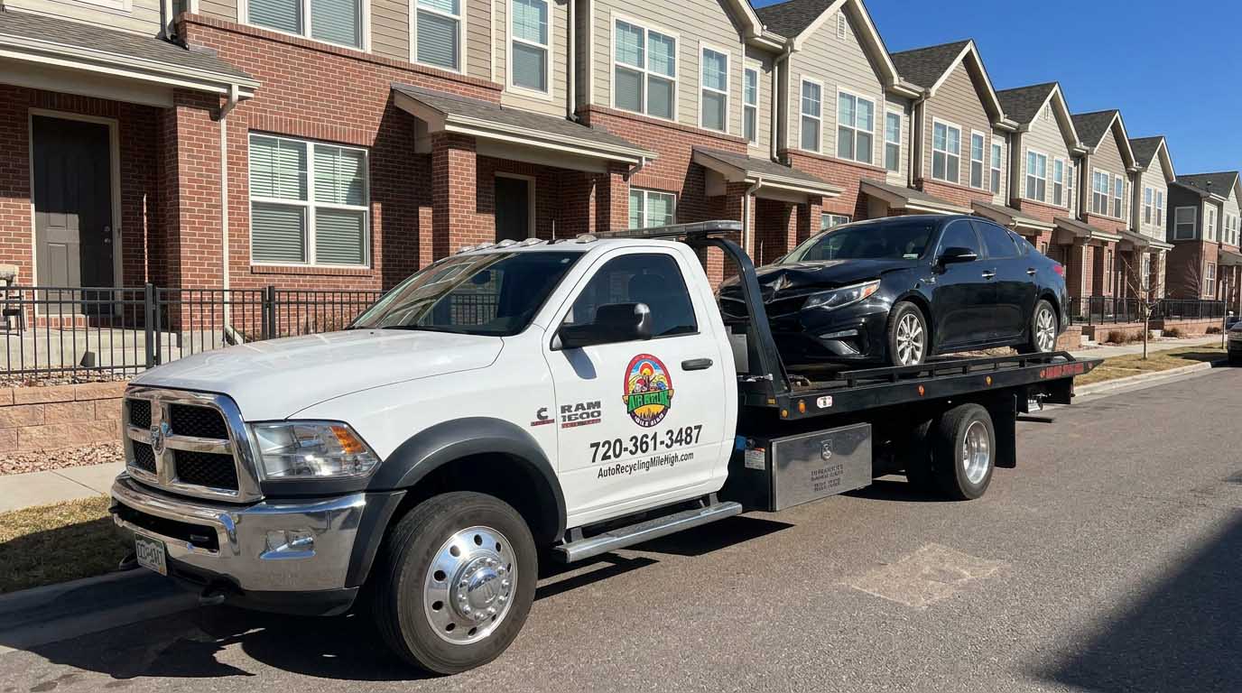 Black 2019 Kia Optima loaded on an Auto Recycling Mile High tow truck at a cash-for-cars pickup in the Denver metro