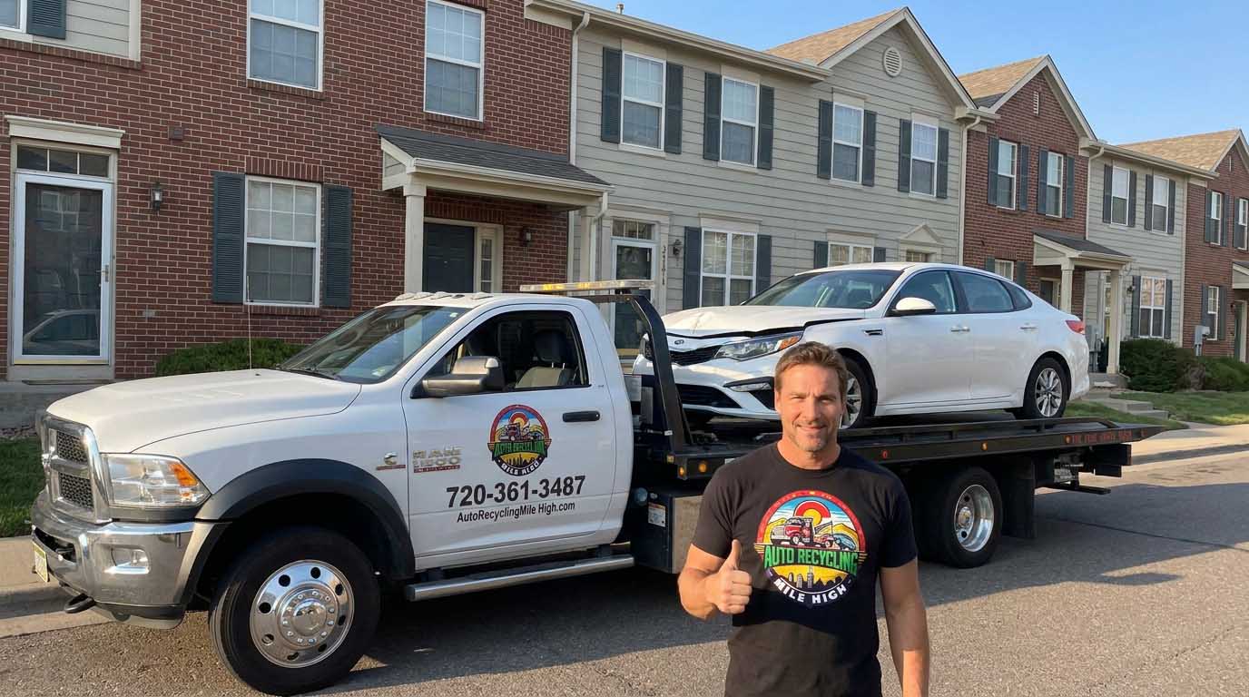 2019 Kia Optima loaded on an Auto Recycling Mile High tow truck at a cash-for-cars pickup in the Denver metro