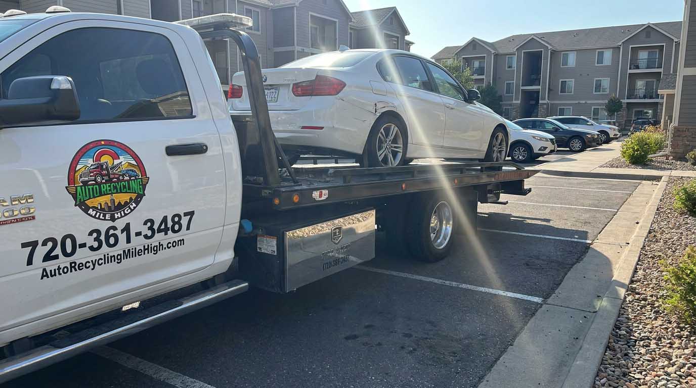 White 2017 BMW 3 Series loaded on an Auto Recycling Mile High tow truck at a cash-for-cars pickup in the Denver metro
