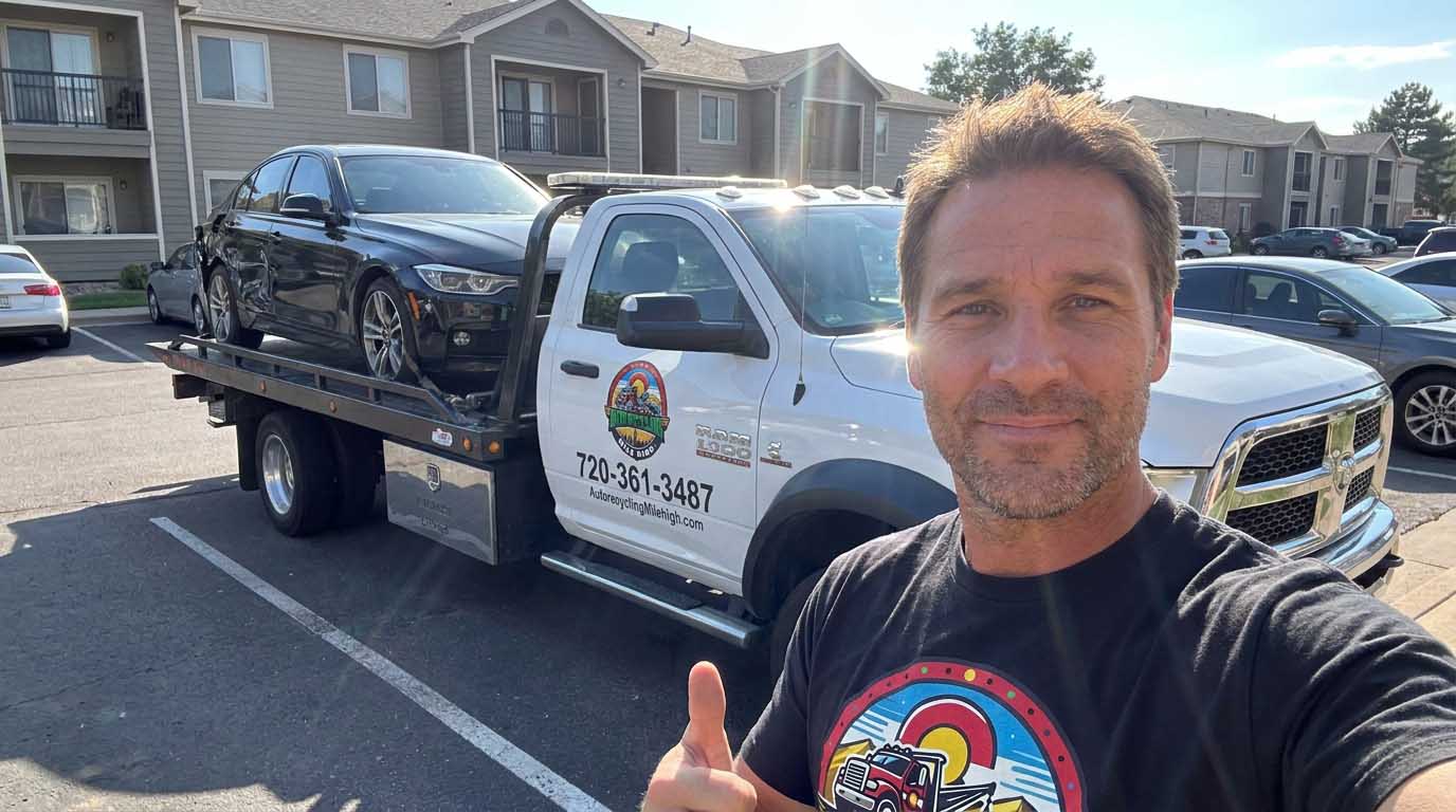 2017 BMW 3 Series loaded on an Auto Recycling Mile High tow truck at a cash-for-cars pickup in the Denver metro