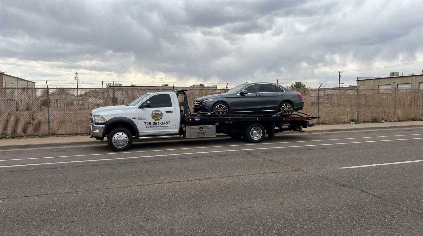Dark gray 2018 Mercedes-Benz C 300 loaded on an Auto Recycling Mile High tow truck at a cash-for-cars pickup in the Denver metro