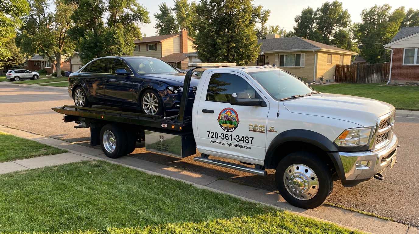 Dark blue 2016 Audi A4 loaded on an Auto Recycling Mile High tow truck at a cash-for-cars pickup in the Denver metro