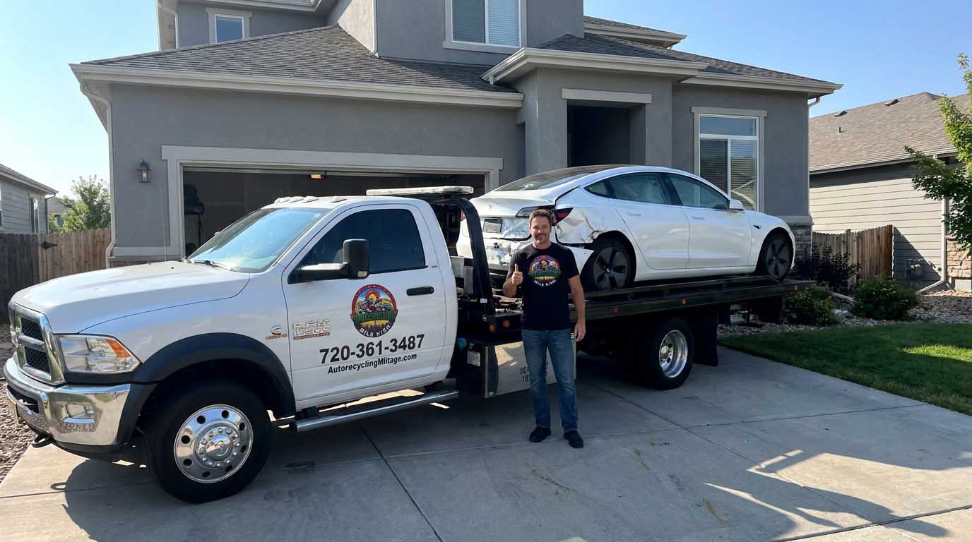 2020 Tesla Model 3 loaded on an Auto Recycling Mile High tow truck at a cash-for-cars pickup in the Denver metro
