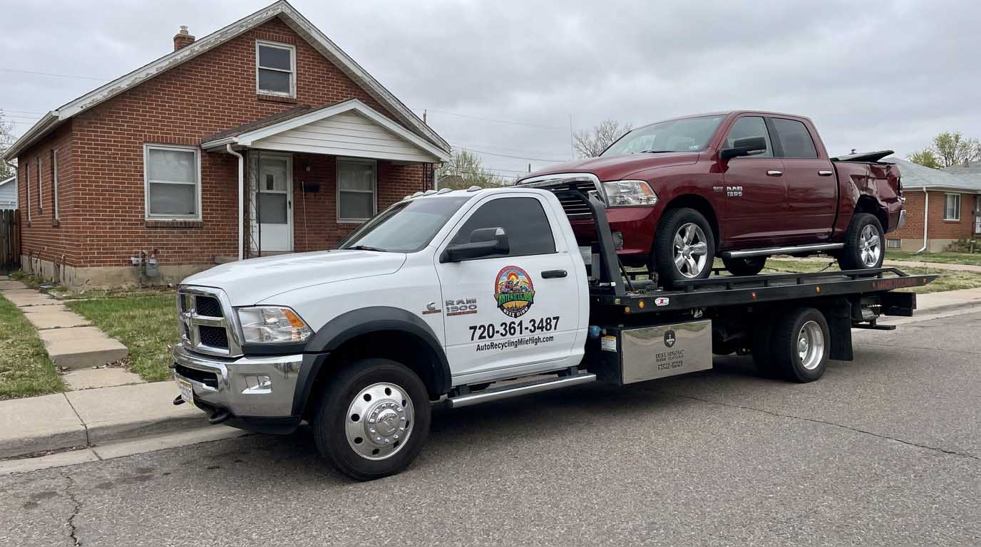 Dark red 2018 Ram 1500 loaded on an Auto Recycling Mile High tow truck at a cash-for-cars pickup in the Denver metro