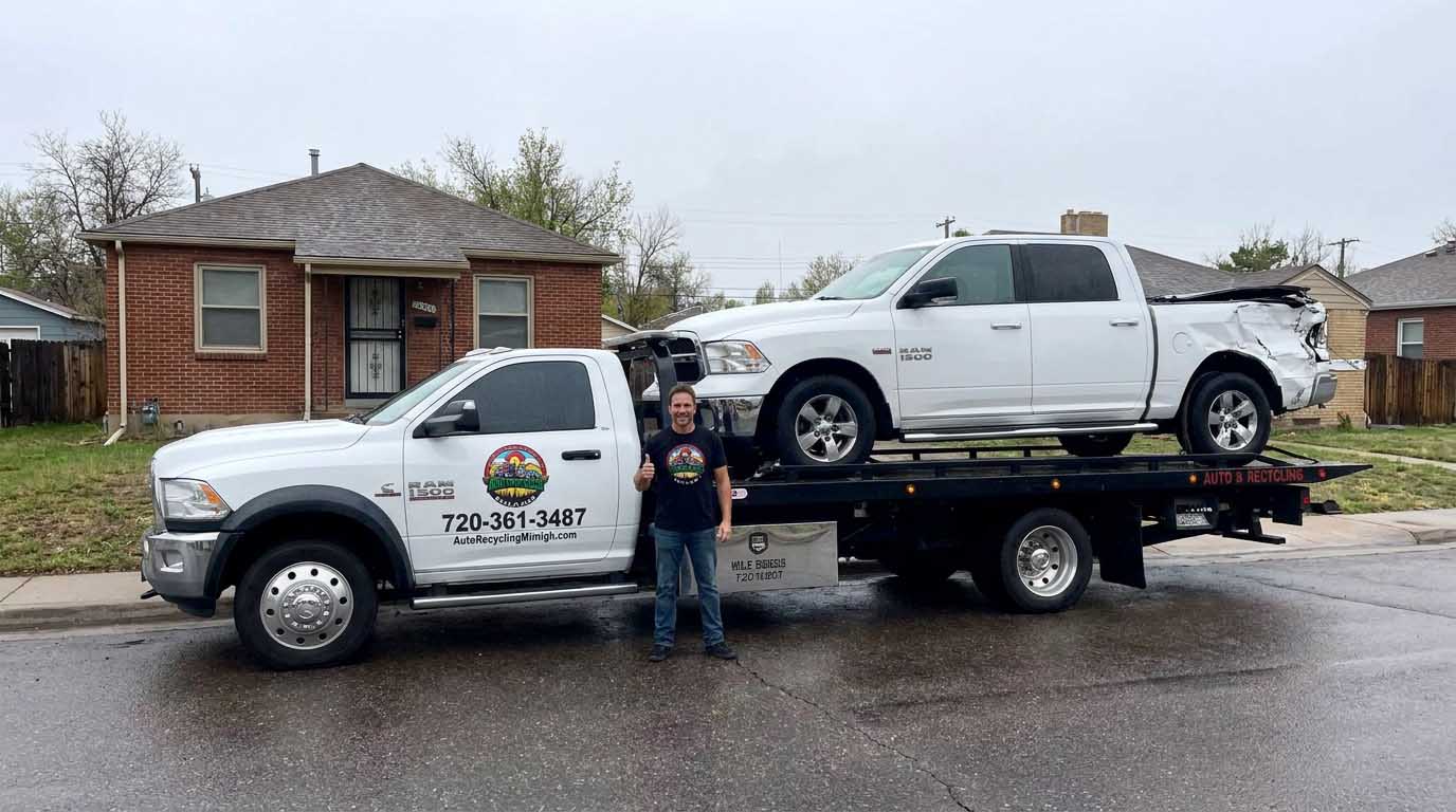 2018 Ram 1500 loaded on an Auto Recycling Mile High tow truck at a cash-for-cars pickup in the Denver metro