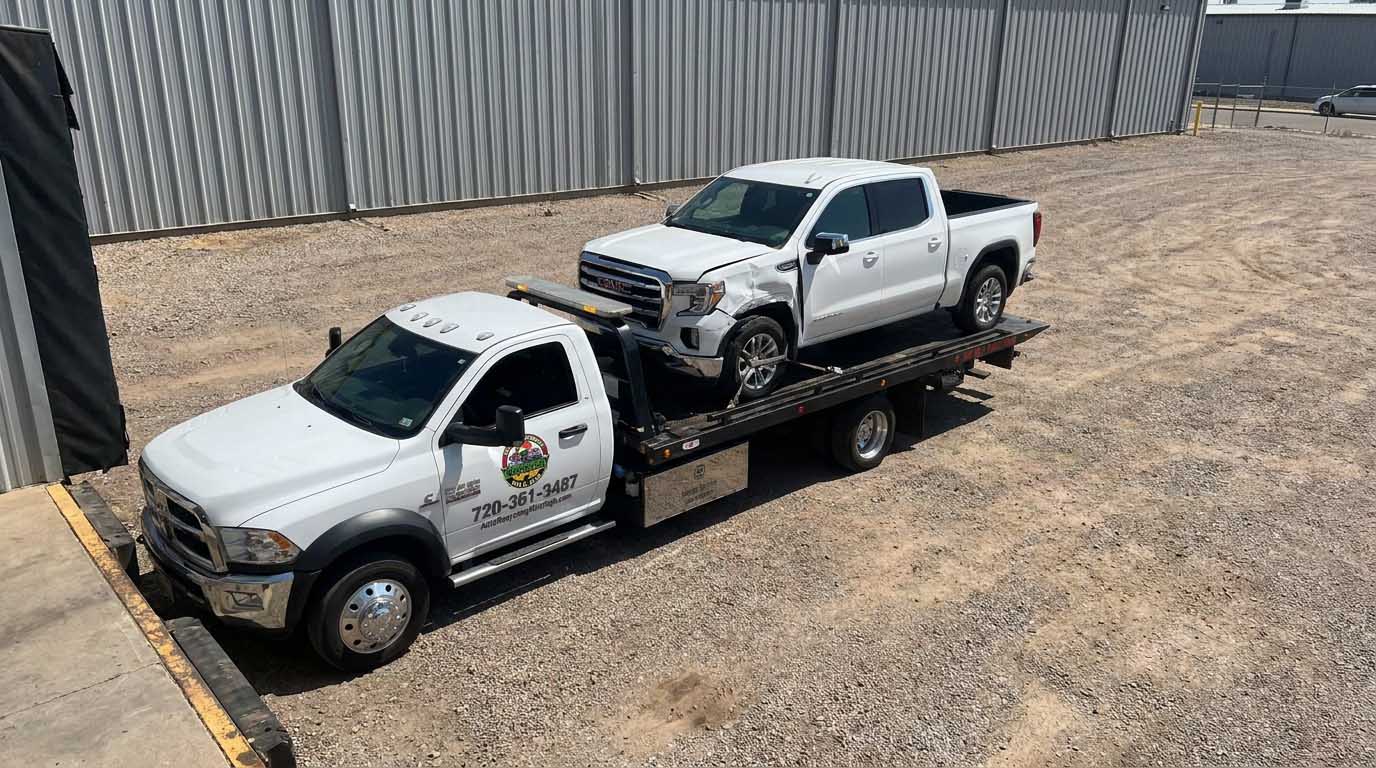 White 2019 GMC Sierra loaded on an Auto Recycling Mile High tow truck at a cash-for-cars pickup in the Denver metro