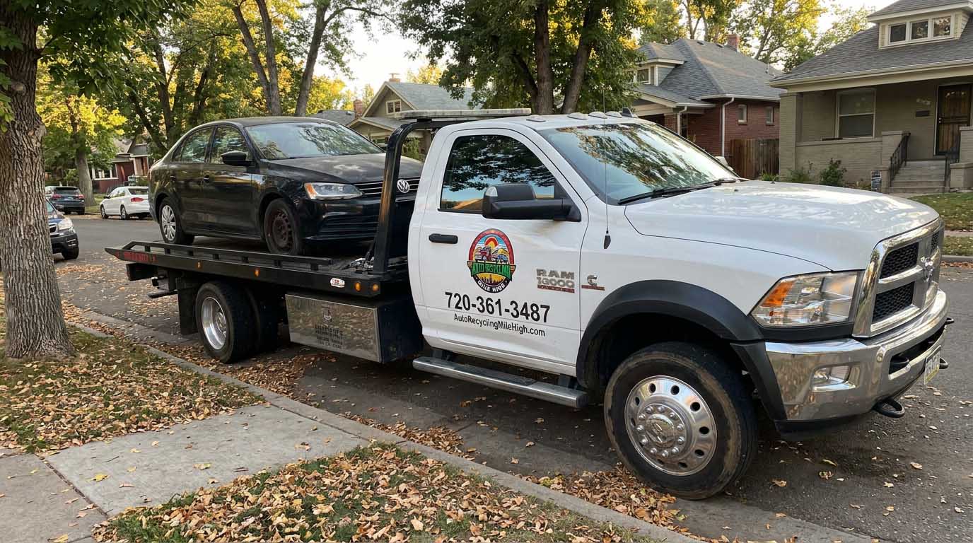 Black 2016 Volkswagen Jetta loaded on an Auto Recycling Mile High tow truck at a cash-for-cars pickup in the Denver metro