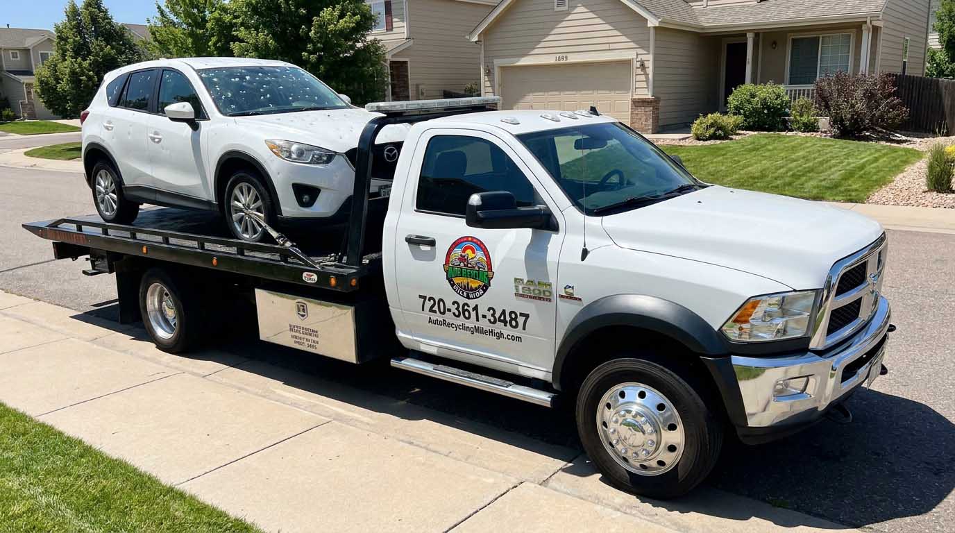 White 2017 Mazda CX-5 loaded on an Auto Recycling Mile High tow truck at a cash-for-cars pickup in the Denver metro