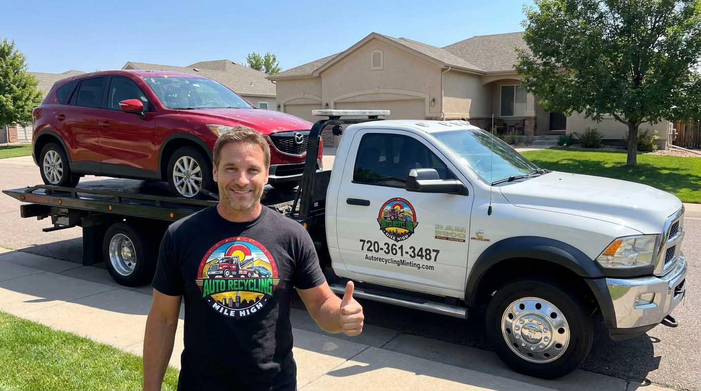 2017 Mazda CX-5 loaded on an Auto Recycling Mile High tow truck at a cash-for-cars pickup in the Denver metro