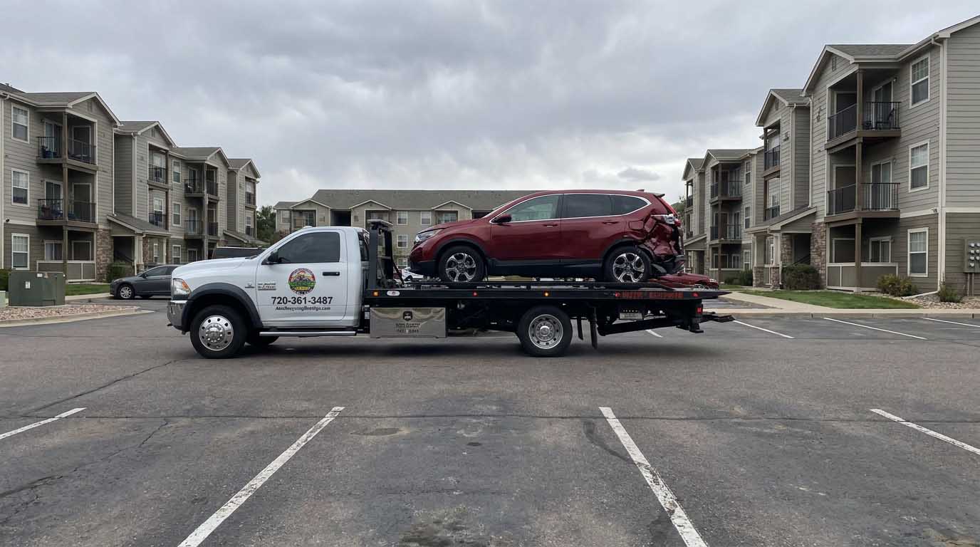 Dark red 2018 Honda CR-V loaded on an Auto Recycling Mile High tow truck at a cash-for-cars pickup in the Denver metro