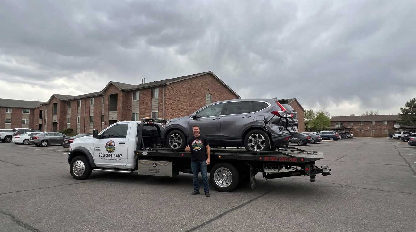 2018 Honda CR-V loaded on an Auto Recycling Mile High tow truck at a cash-for-cars pickup in the Denver metro