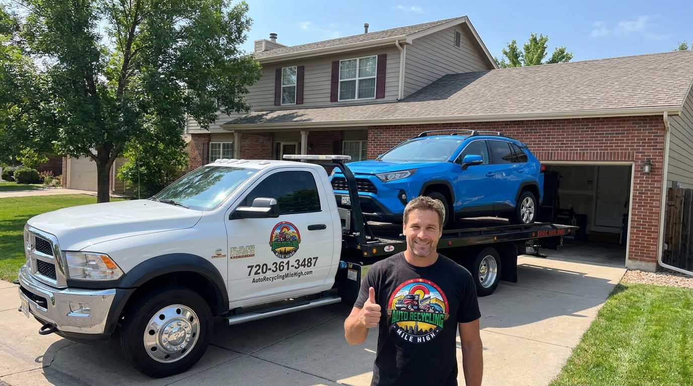 2019 Toyota Rav4 loaded on an Auto Recycling Mile High tow truck at a cash-for-cars pickup in the Denver metro