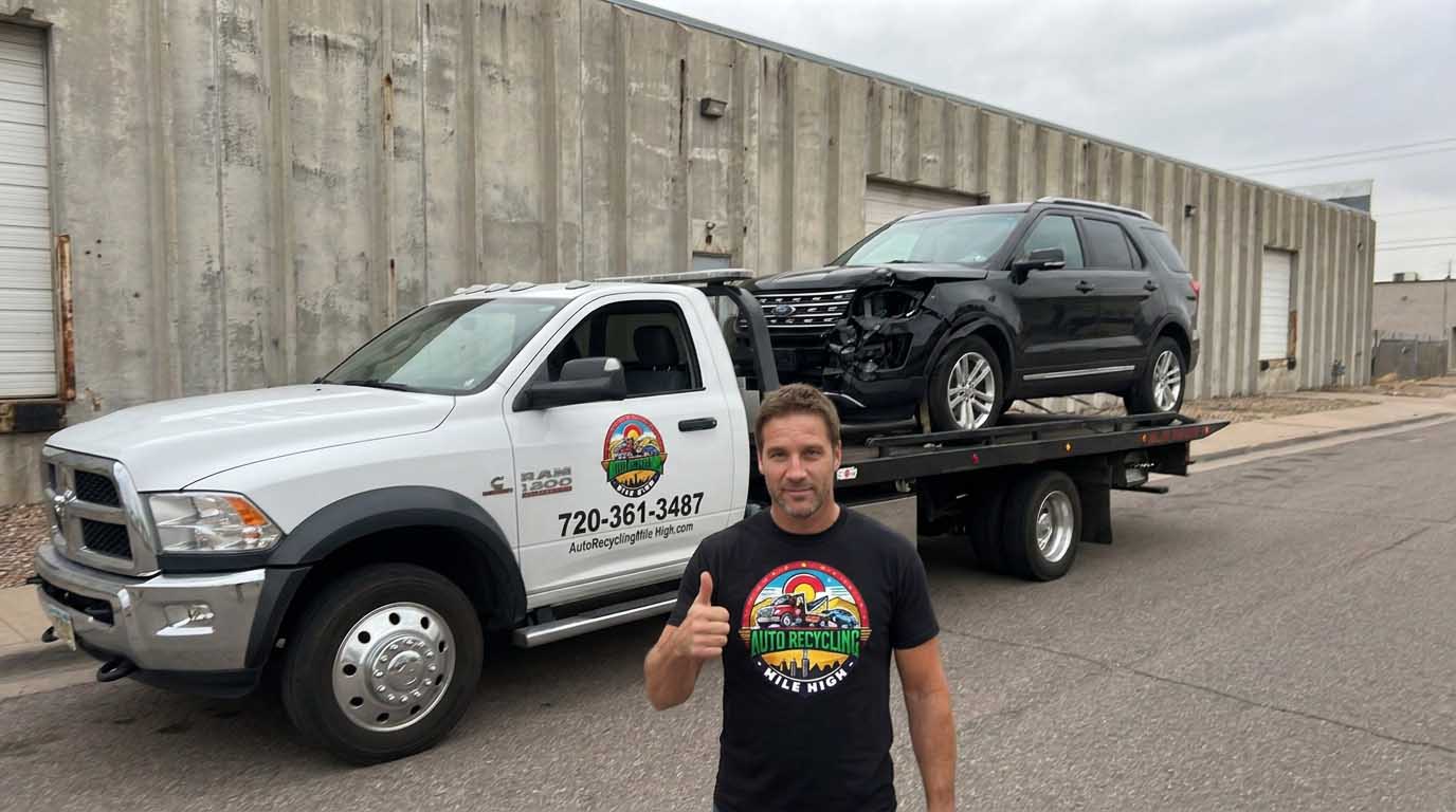2016 Ford Explorer loaded on an Auto Recycling Mile High tow truck at a cash-for-cars pickup in the Denver metro