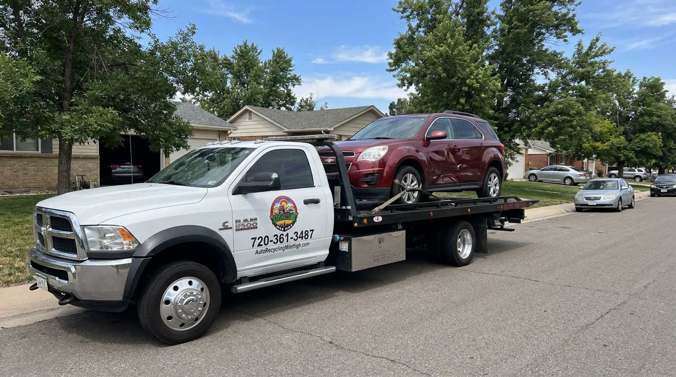 Burgundy 2017 Chevrolet Equinox loaded on an Auto Recycling Mile High tow truck at a cash-for-cars pickup in the Denver metro
