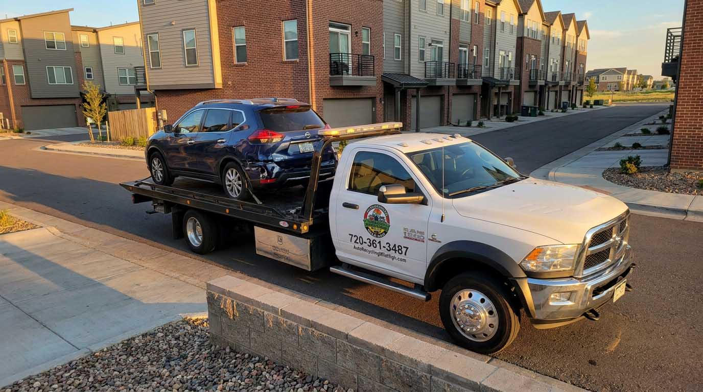 Dark blue 2018 Nissan Rogue loaded on an Auto Recycling Mile High tow truck at a cash-for-cars pickup in the Denver metro