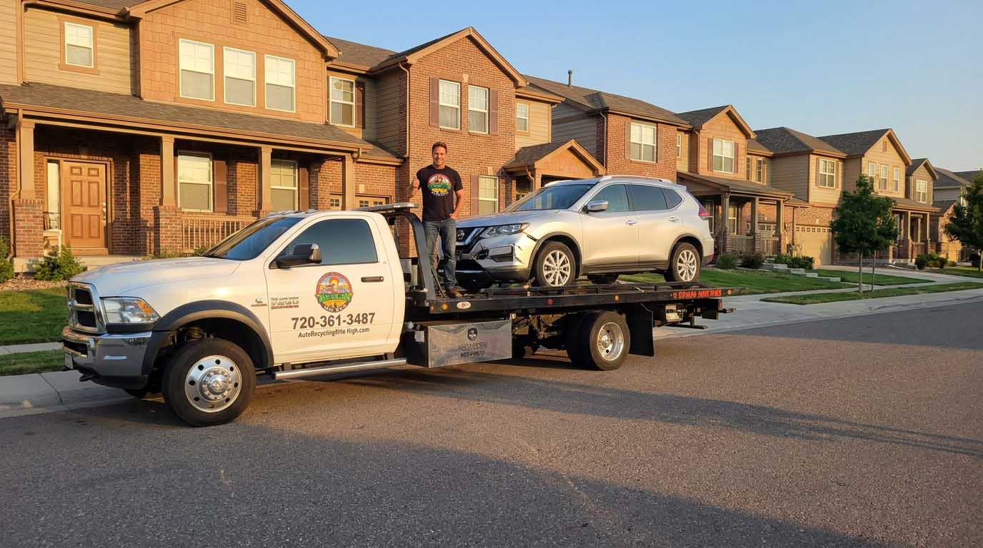 2018 Nissan Rogue loaded on an Auto Recycling Mile High tow truck at a cash-for-cars pickup in the Denver metro