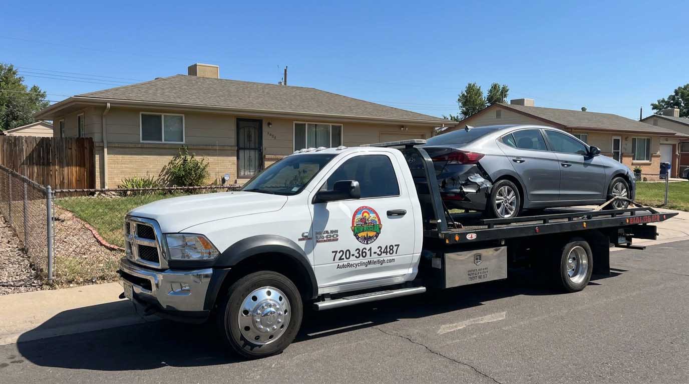Gray 2020 Hyundai Elantra loaded on an Auto Recycling Mile High tow truck at a cash-for-cars pickup in the Denver metro