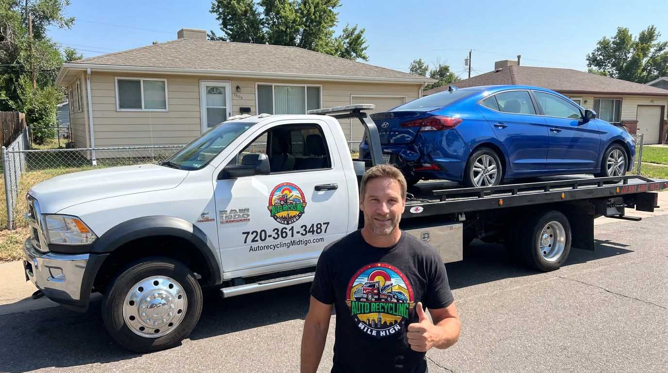 2020 Hyundai Elantra loaded on an Auto Recycling Mile High tow truck at a cash-for-cars pickup in the Denver metro