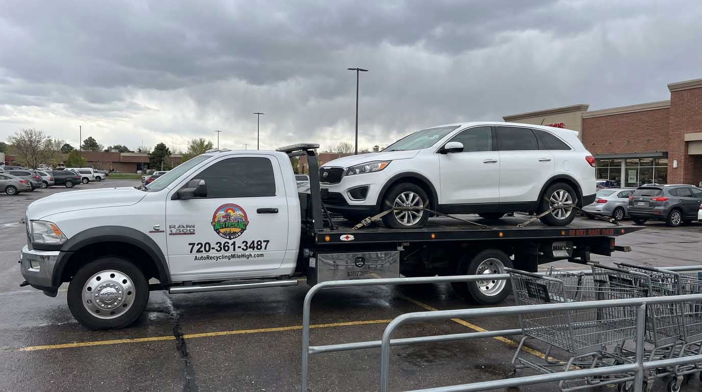 White 2017 Kia Sorento loaded on an Auto Recycling Mile High tow truck at a cash-for-cars pickup in the Denver metro