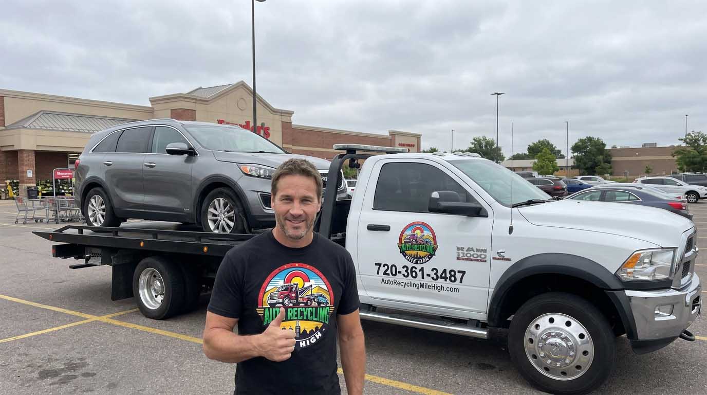 2017 Kia Sorento loaded on an Auto Recycling Mile High tow truck at a cash-for-cars pickup in the Denver metro