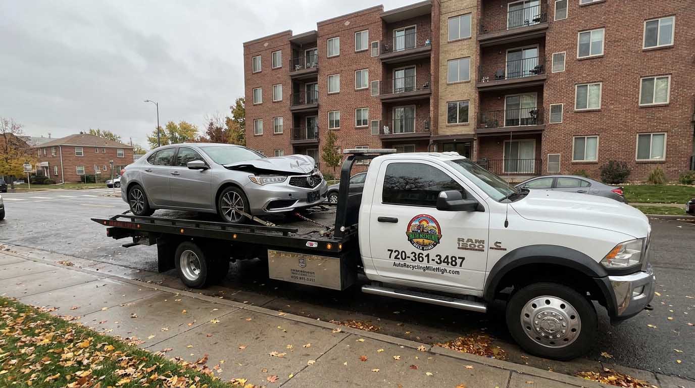 Silver 2018 Acura TLX loaded on an Auto Recycling Mile High tow truck at a cash-for-cars pickup in the Denver metro