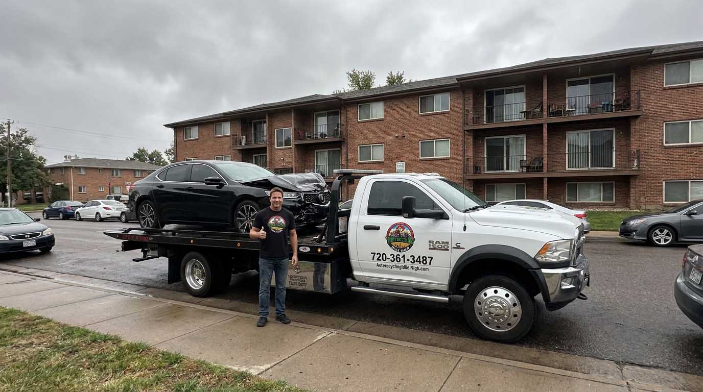 2018 Acura TLX loaded on an Auto Recycling Mile High tow truck at a cash-for-cars pickup in the Denver metro