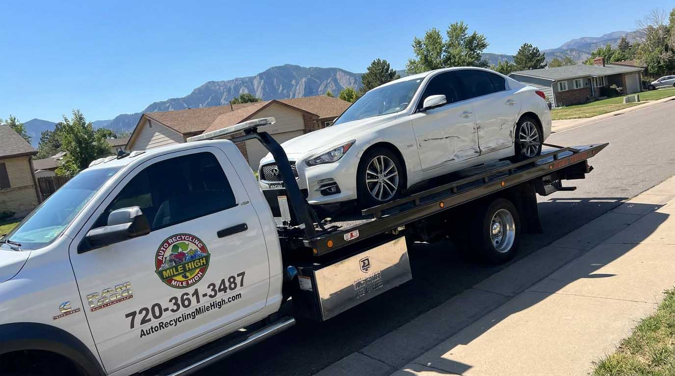 White 2019 Infiniti Q50 loaded on an Auto Recycling Mile High tow truck at a cash-for-cars pickup in the Denver metro