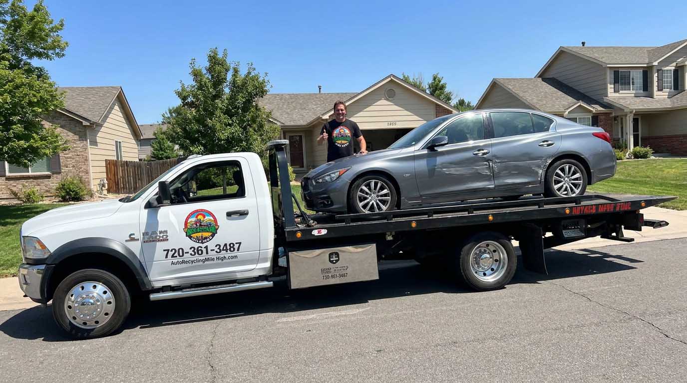 2019 Infiniti Q50 loaded on an Auto Recycling Mile High tow truck at a cash-for-cars pickup in the Denver metro