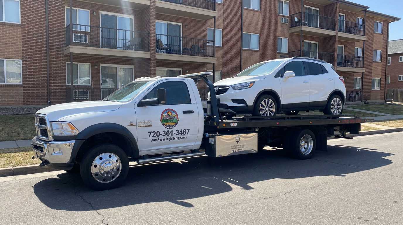 White 2017 Buick Encore loaded on an Auto Recycling Mile High tow truck at a cash-for-cars pickup in the Denver metro