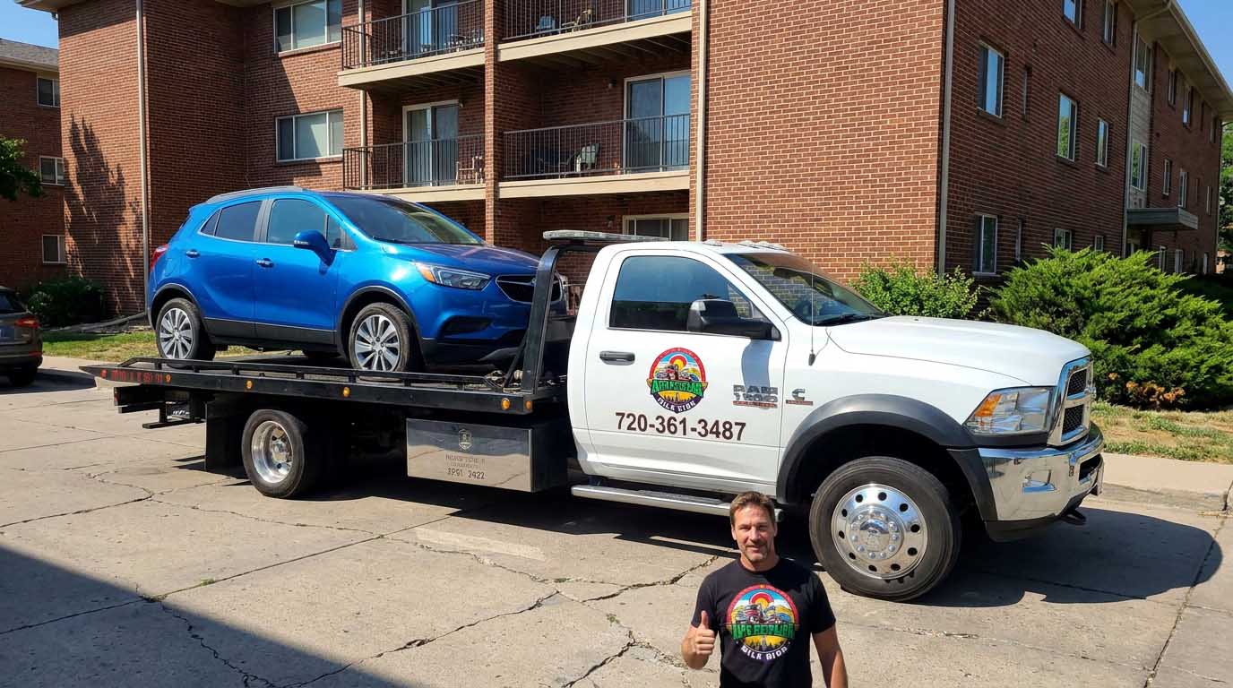 2017 Buick Encore loaded on an Auto Recycling Mile High tow truck at a cash-for-cars pickup in the Denver metro