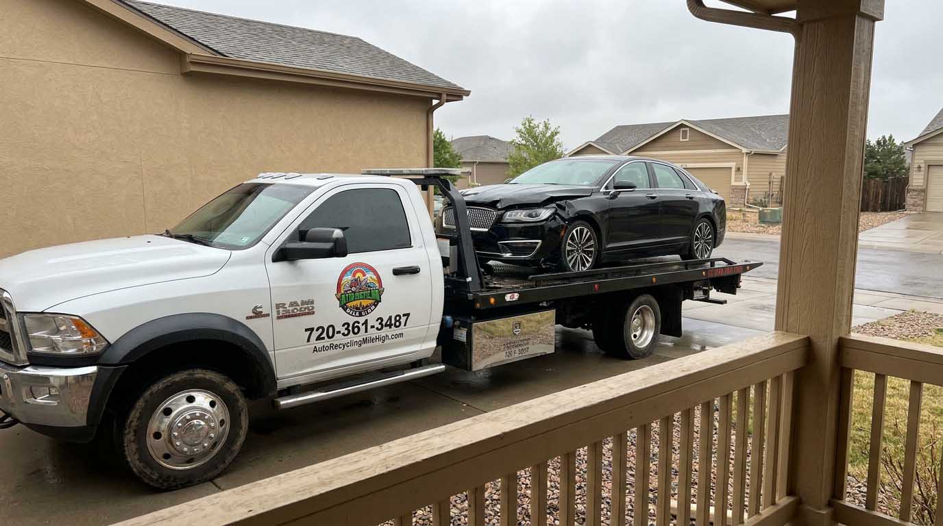 Black 2018 Lincoln MKZ loaded on an Auto Recycling Mile High tow truck at a cash-for-cars pickup in the Denver metro