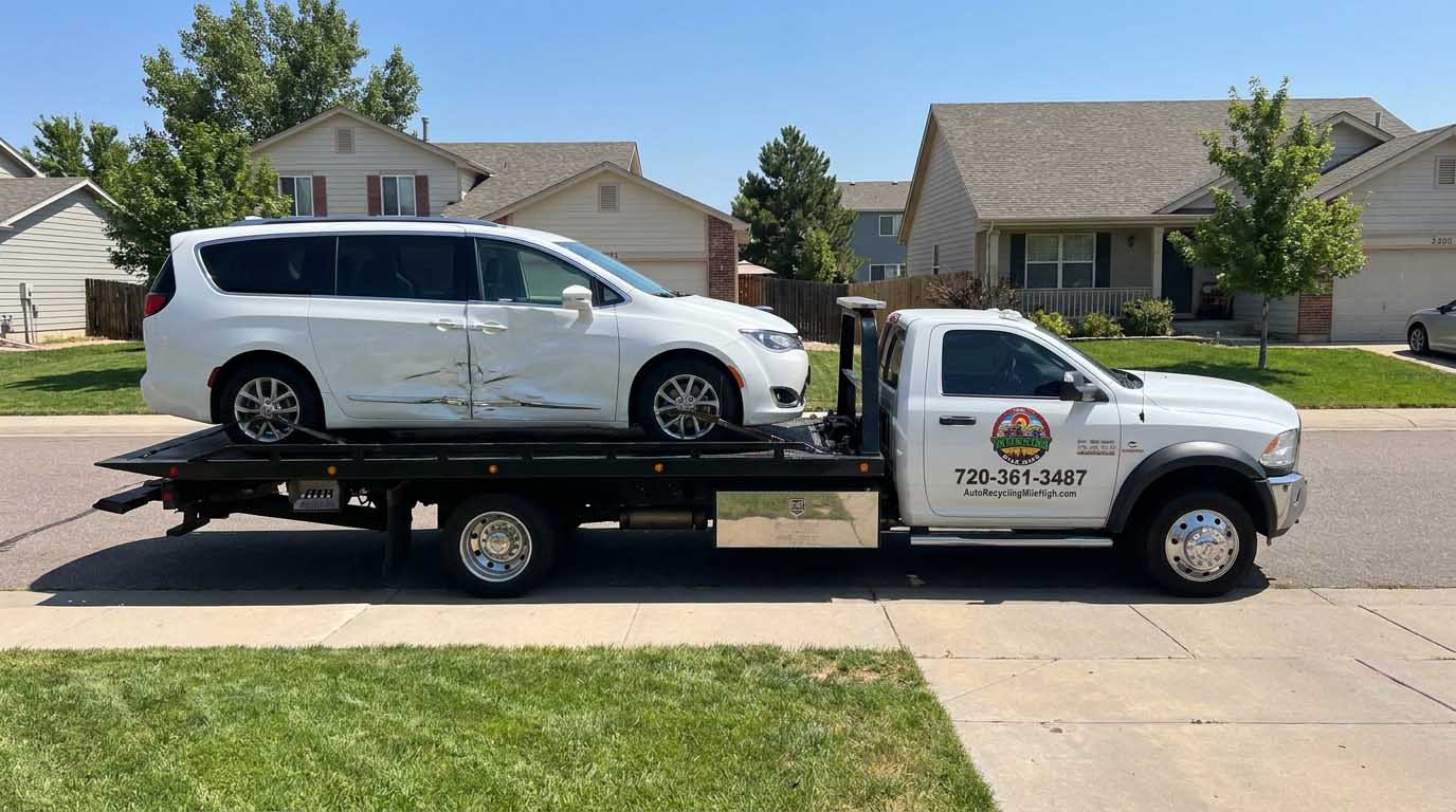 White 2017 Chrysler Pacifica loaded on an Auto Recycling Mile High tow truck at a cash-for-cars pickup in the Denver metro