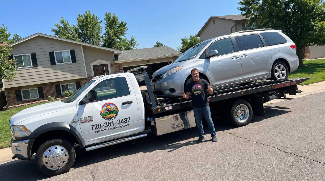 2016 Toyota Sienna loaded on an Auto Recycling Mile High tow truck at a cash-for-cars pickup in the Denver metro