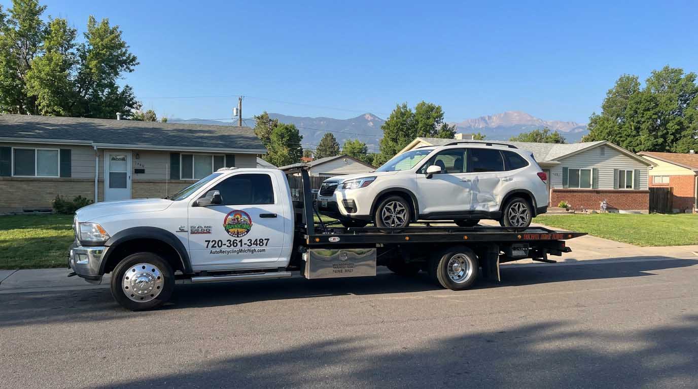 White 2019 Subaru Forester loaded on an Auto Recycling Mile High tow truck at a cash-for-cars pickup in the Denver metro