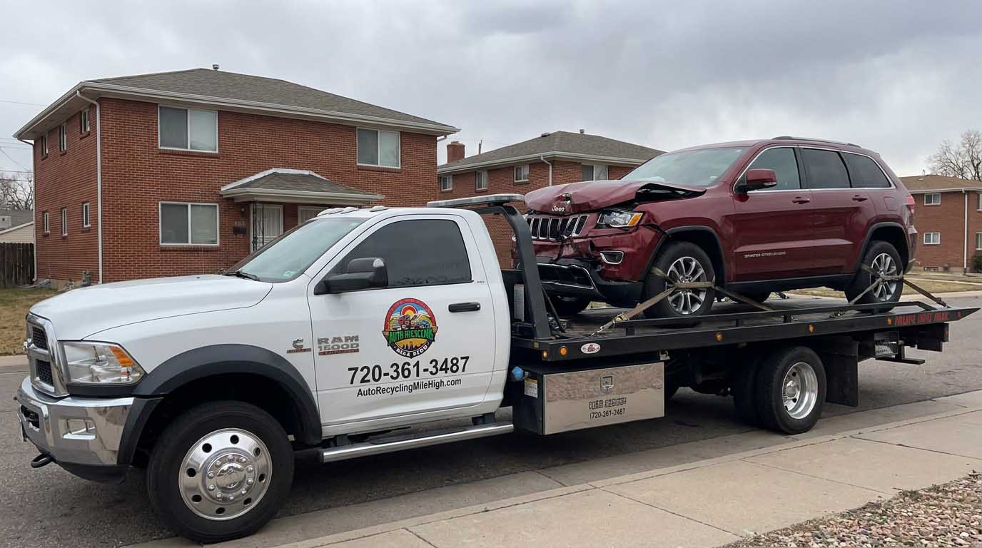 Dark red 2016 Jeep Grand Cherokee loaded on an Auto Recycling Mile High tow truck at a cash-for-cars pickup in the Denver metro