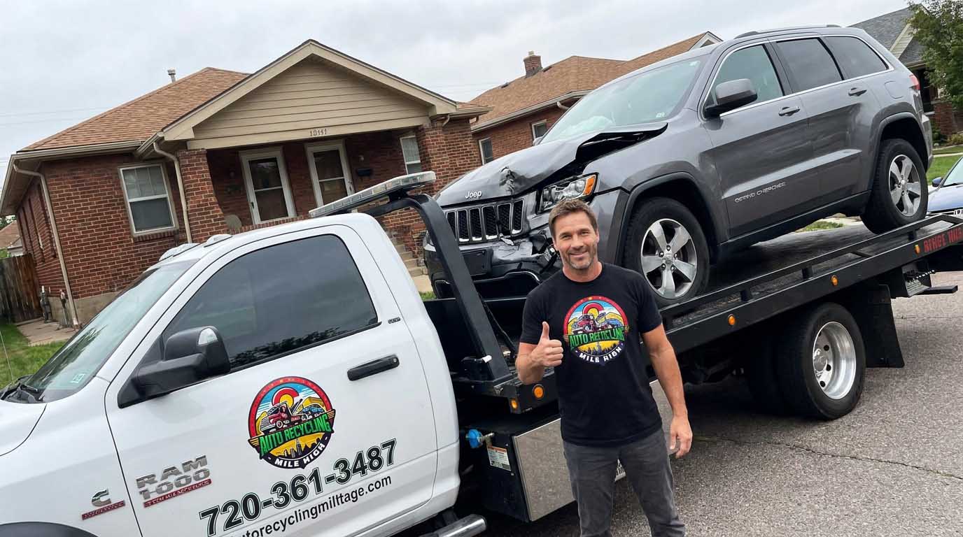 2016 Jeep Grand Cherokee loaded on an Auto Recycling Mile High tow truck at a cash-for-cars pickup in the Denver metro