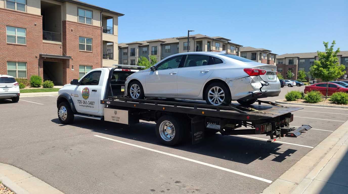 Silver 2018 Chevrolet Malibu loaded on an Auto Recycling Mile High tow truck at a cash-for-cars pickup in the Denver metro