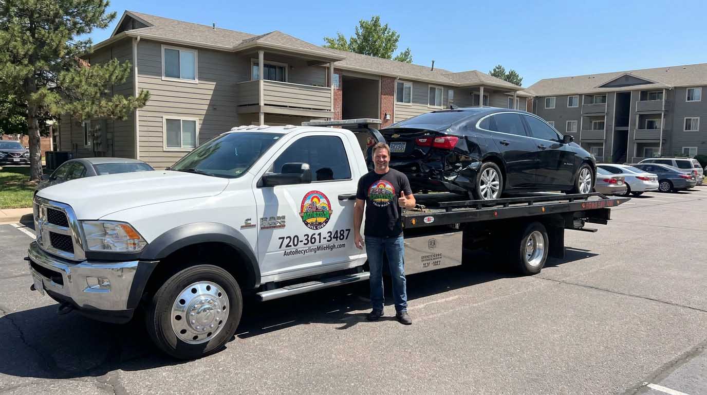 2018 Chevrolet Malibu loaded on an Auto Recycling Mile High tow truck at a cash-for-cars pickup in the Denver metro