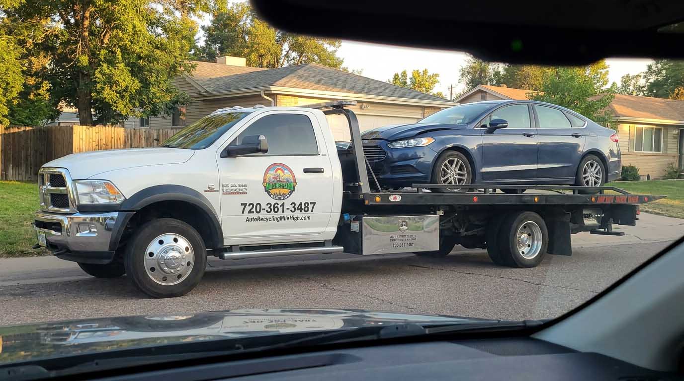 Dark blue 2017 Ford Fusion loaded on an Auto Recycling Mile High tow truck at a cash-for-cars pickup in the Denver metro