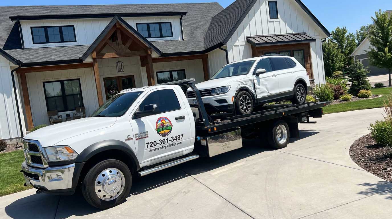White 2019 Volkswagen Tiguan loaded on an Auto Recycling Mile High tow truck at a cash-for-cars pickup in the Denver metro