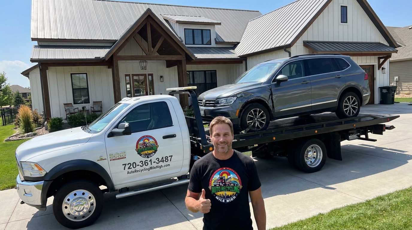 2019 Volkswagen Tiguan loaded on an Auto Recycling Mile High tow truck at a cash-for-cars pickup in the Denver metro