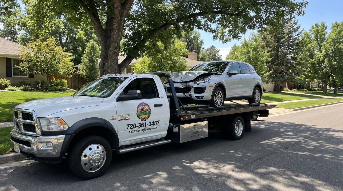 Silver 2016 Porsche Cayenne loaded on an Auto Recycling Mile High tow truck at a cash-for-cars pickup in the Denver metro