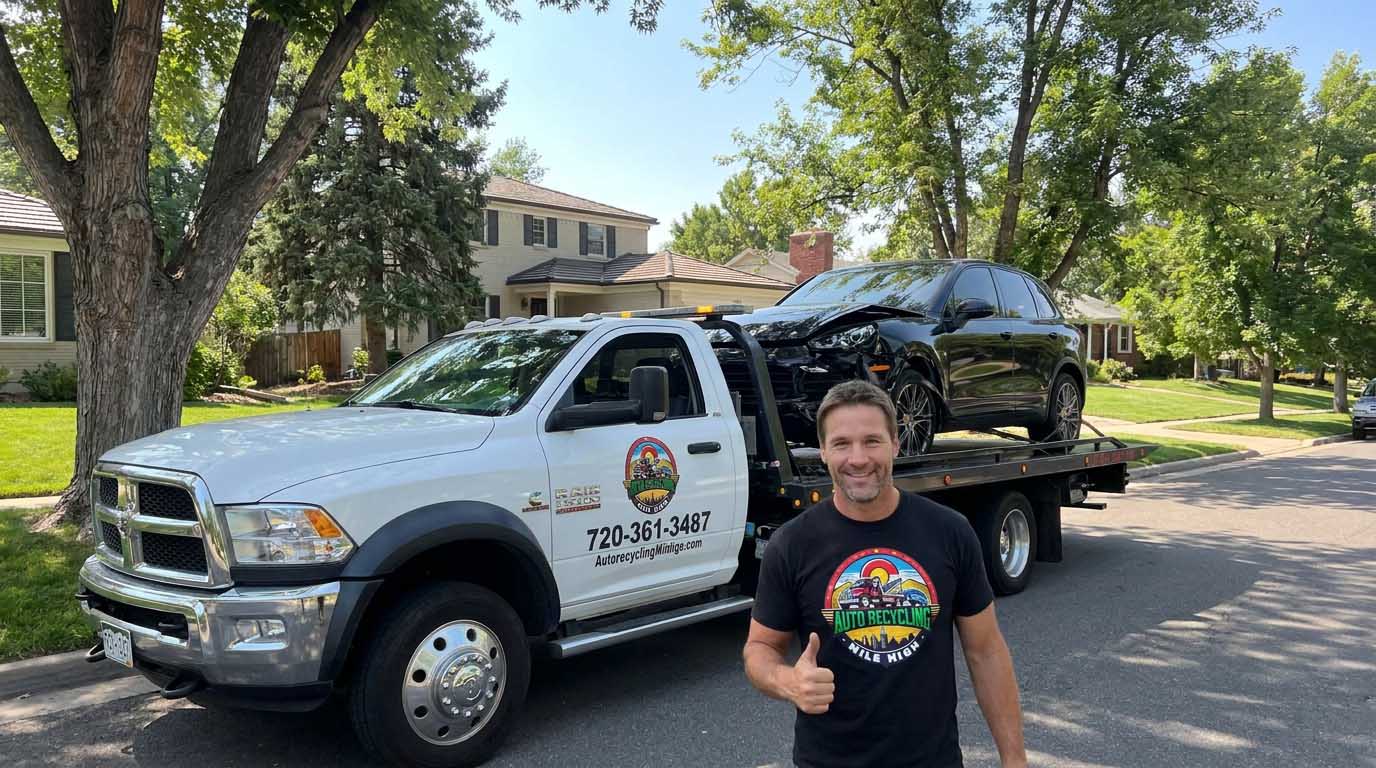 2016 Porsche Cayenne loaded on an Auto Recycling Mile High tow truck at a cash-for-cars pickup in the Denver metro
