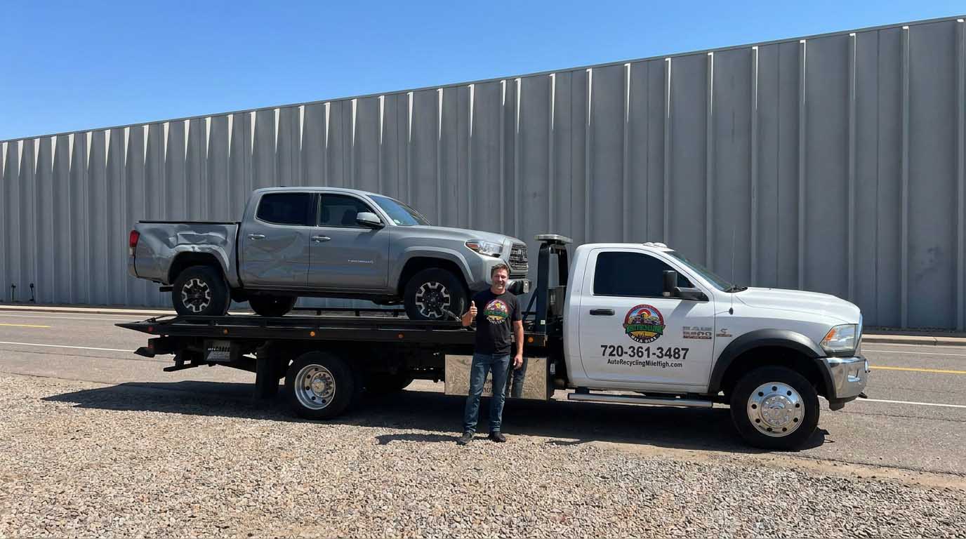 2019 Toyota Tacoma loaded on an Auto Recycling Mile High tow truck at a cash-for-cars pickup in the Denver metro